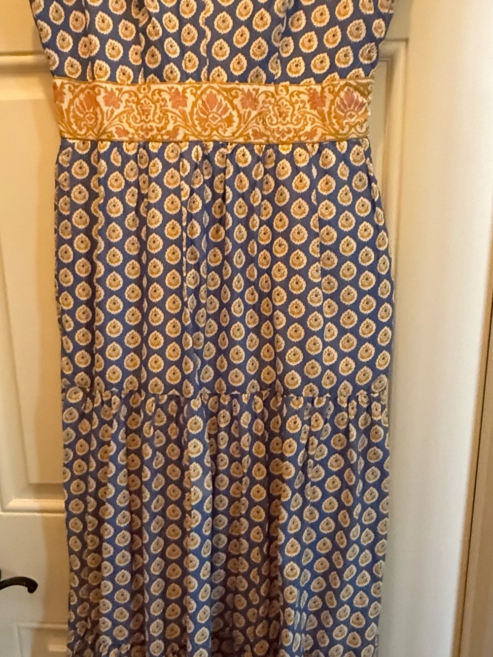 J. Crew Blue Printed Maxi Skirt with Yellow Embroidered Waistband